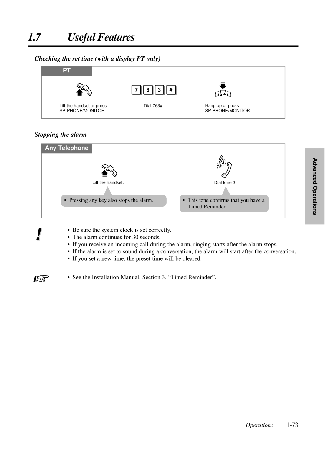 Panasonic KX-TA308 operating instructions Checking the set time with a display PT only, Stopping the alarm 