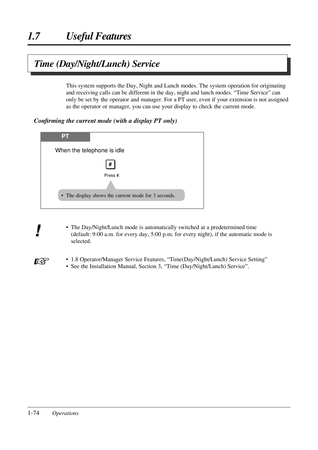 Panasonic KX-TA308 Time Day/Night/Lunch Service, Conﬁrming the current mode with a display PT only, 74Operations 