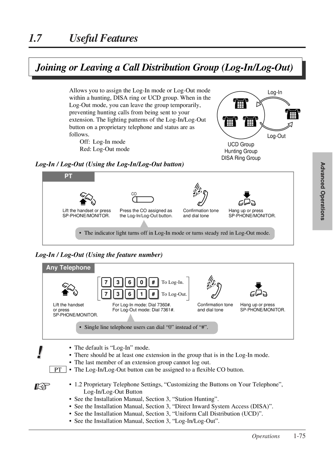 Panasonic KX-TA308 Joining or Leaving a Call Distribution Group Log-In/Log-Out, Log-In / Log-Out Using the feature number 