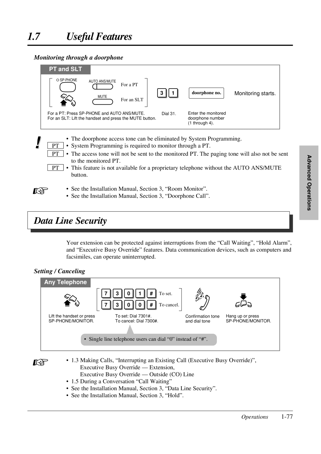 Panasonic KX-TA308 operating instructions Data Line Security, Monitoring through a doorphone, Doorphone no 