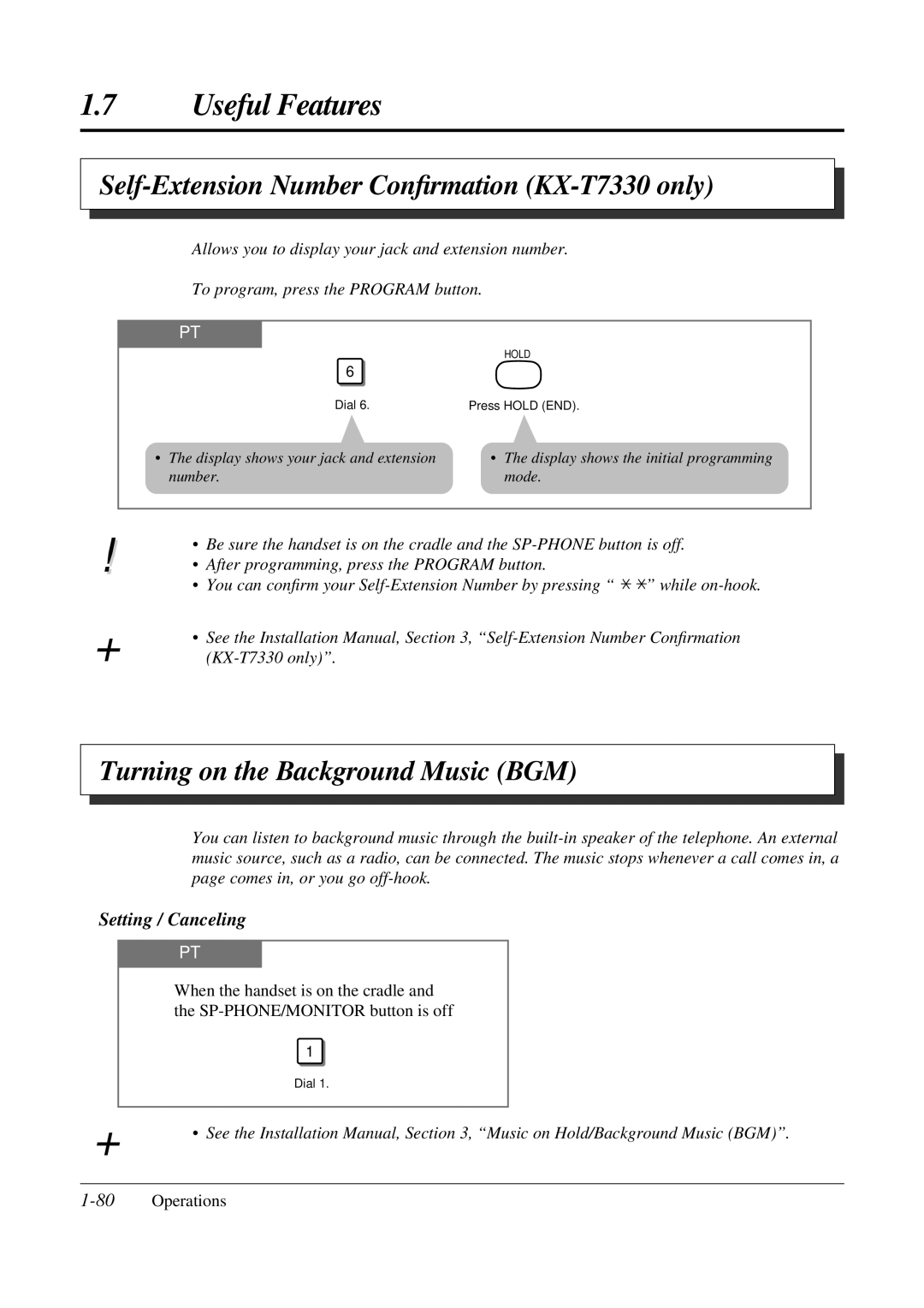 Panasonic KX-TA308 Self-Extension Number Conﬁrmation KX-T7330 only, Turning on the Background Music BGM, 80Operations 