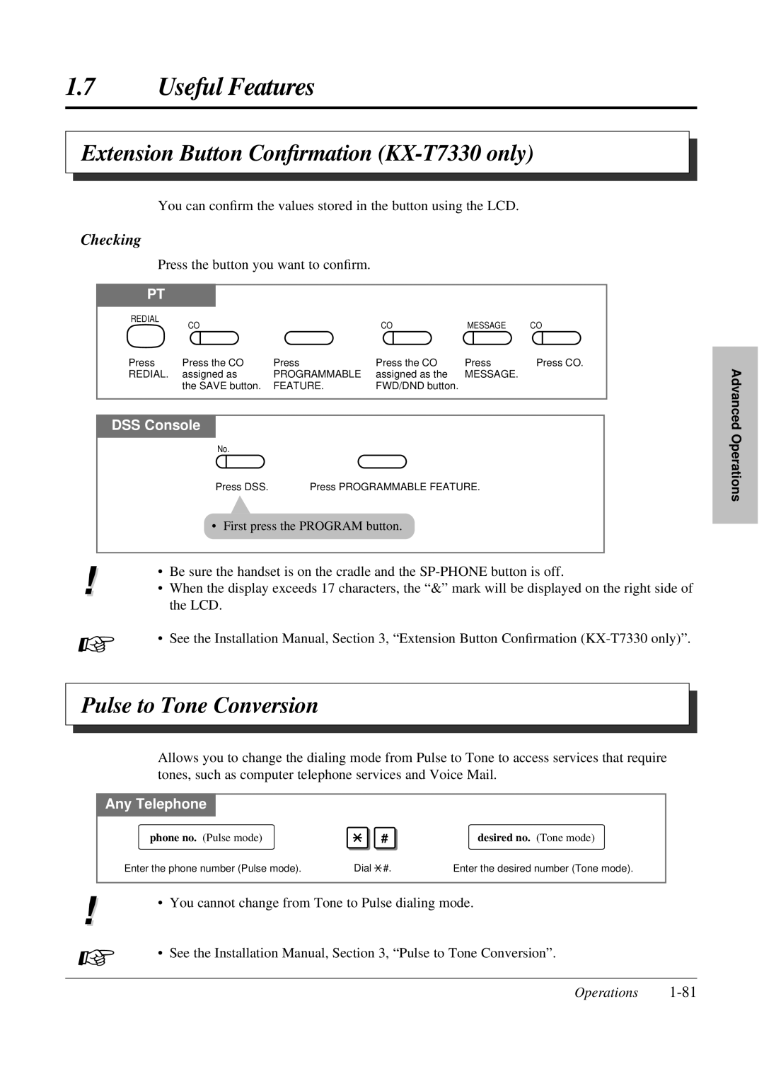 Panasonic KX-TA308 Extension Button Conﬁrmation KX-T7330 only, Pulse to Tone Conversion, Checking, Desired no. Tone mode 