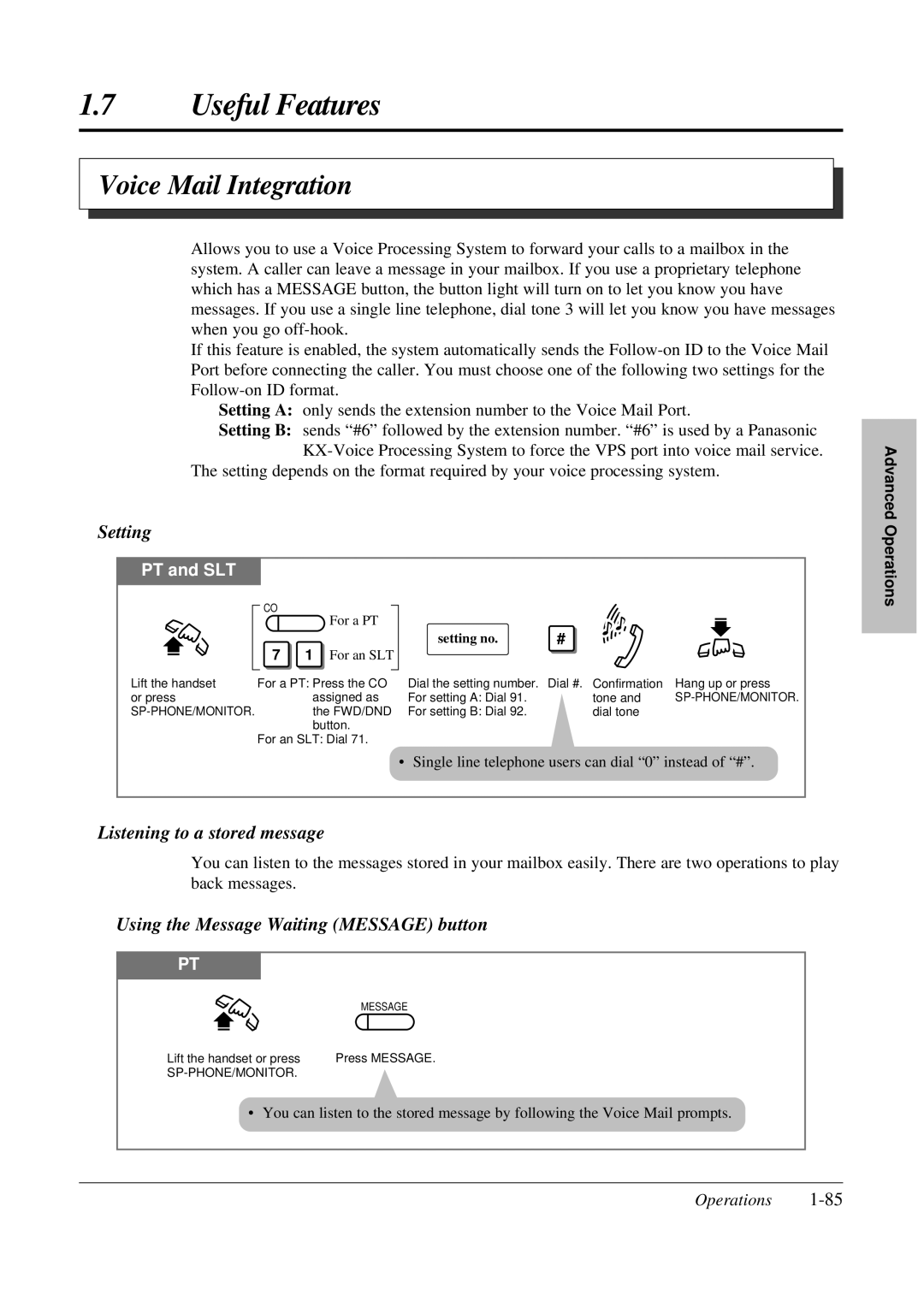 Panasonic KX-TA308 Voice Mail Integration, Listening to a stored message, Using the Message Waiting Message button 