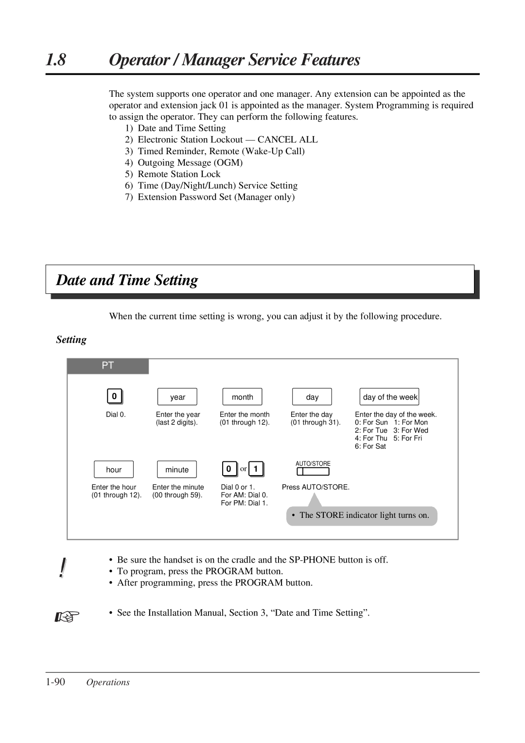 Panasonic KX-TA308 Operator / Manager Service Features, Date and Time Setting, 90Operations, Month Day Day of the week 