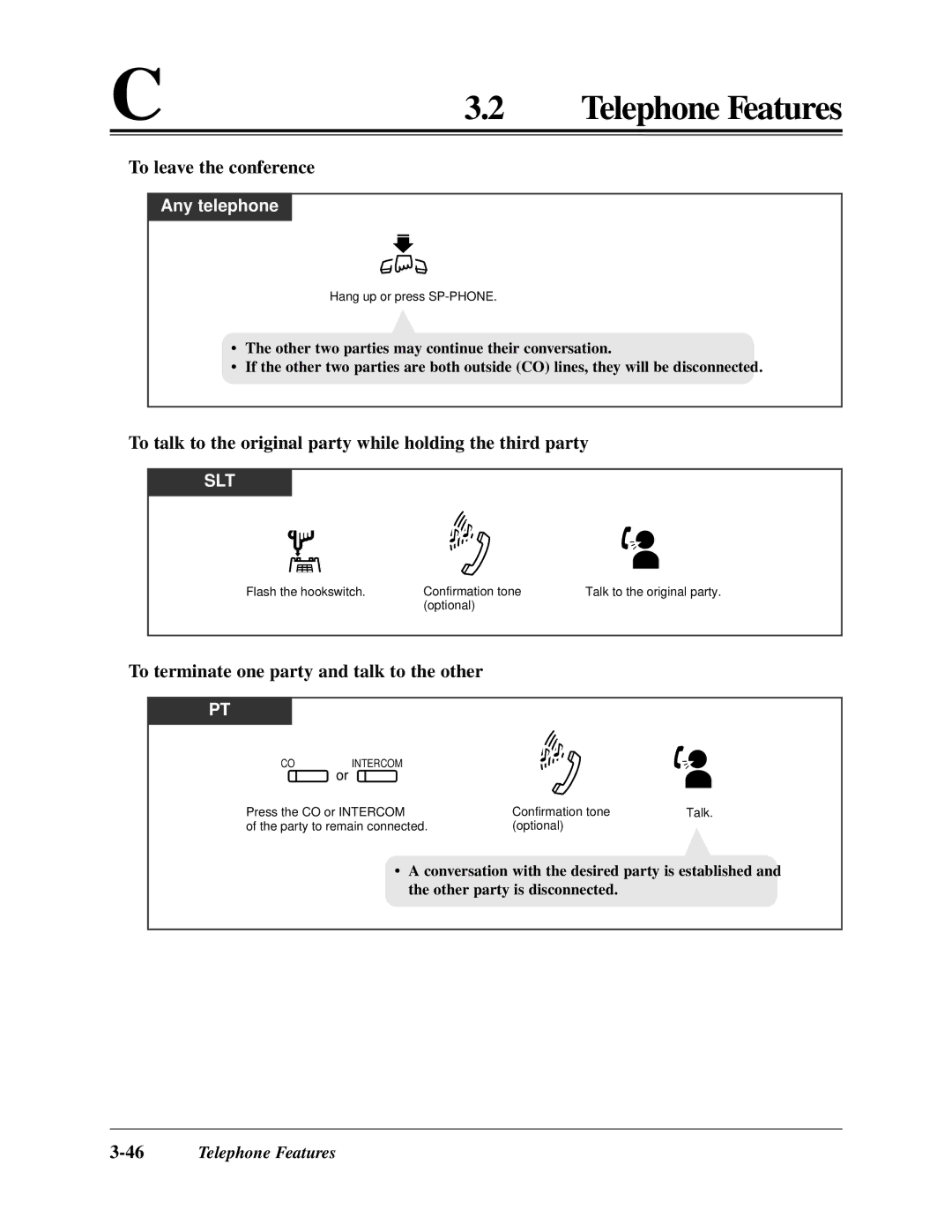 Panasonic KX-TA624 user manual To leave the conference, To talk to the original party while holding the third party 