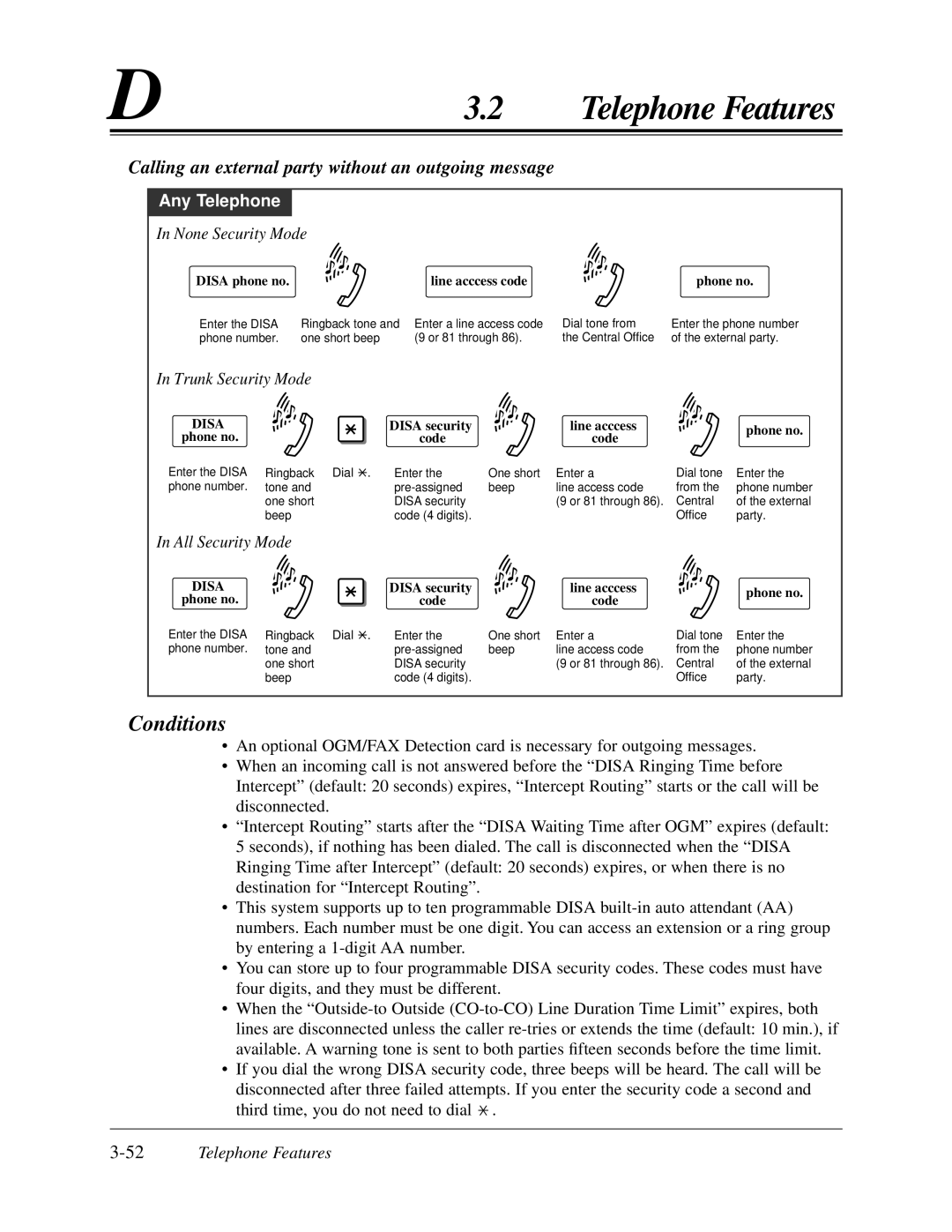 Panasonic KX-TA624 user manual Calling an external party without an outgoing message, 52Telephone Features, Disa phone no 