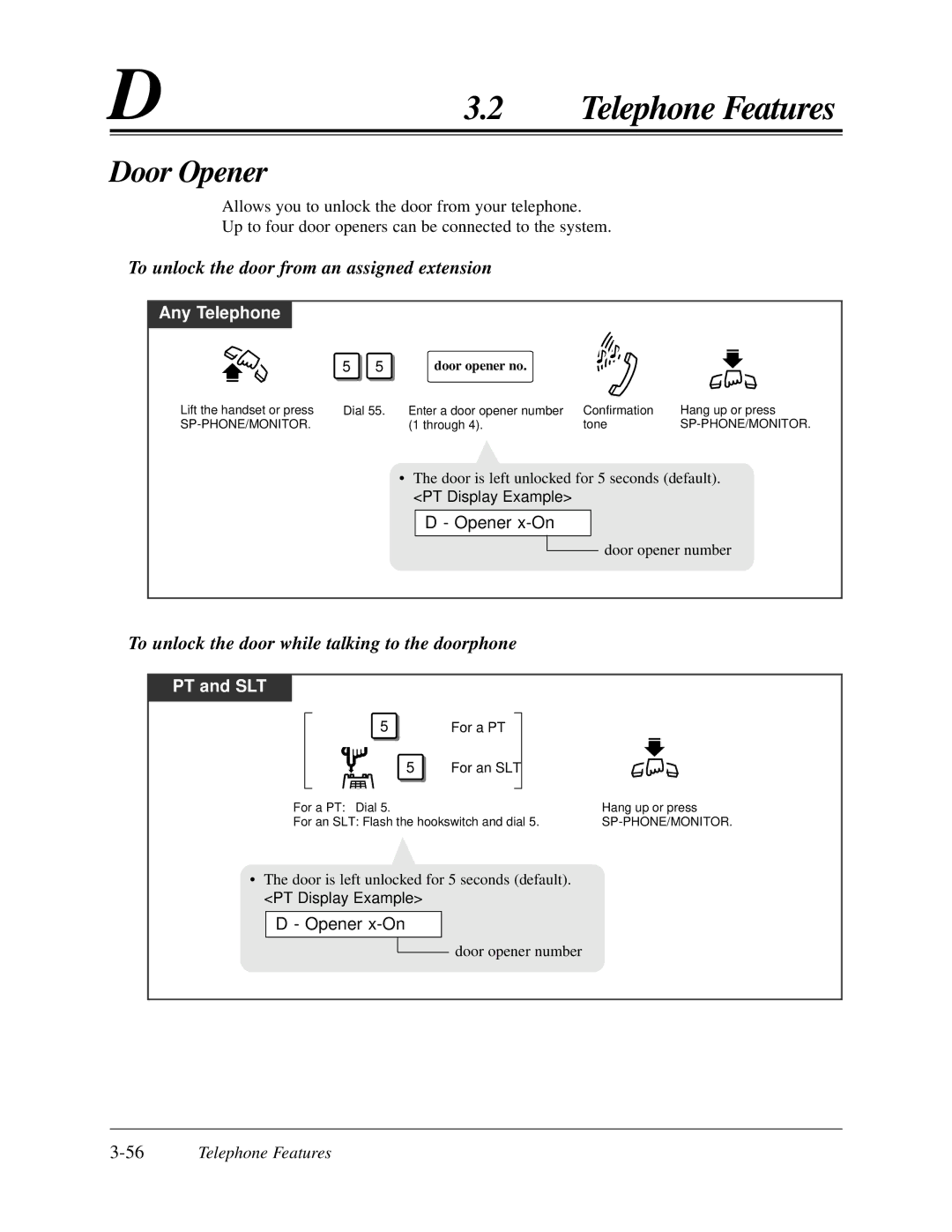 Panasonic KX-TA624 Door Opener, To unlock the door from an assigned extension, Opener x-On, 56Telephone Features 