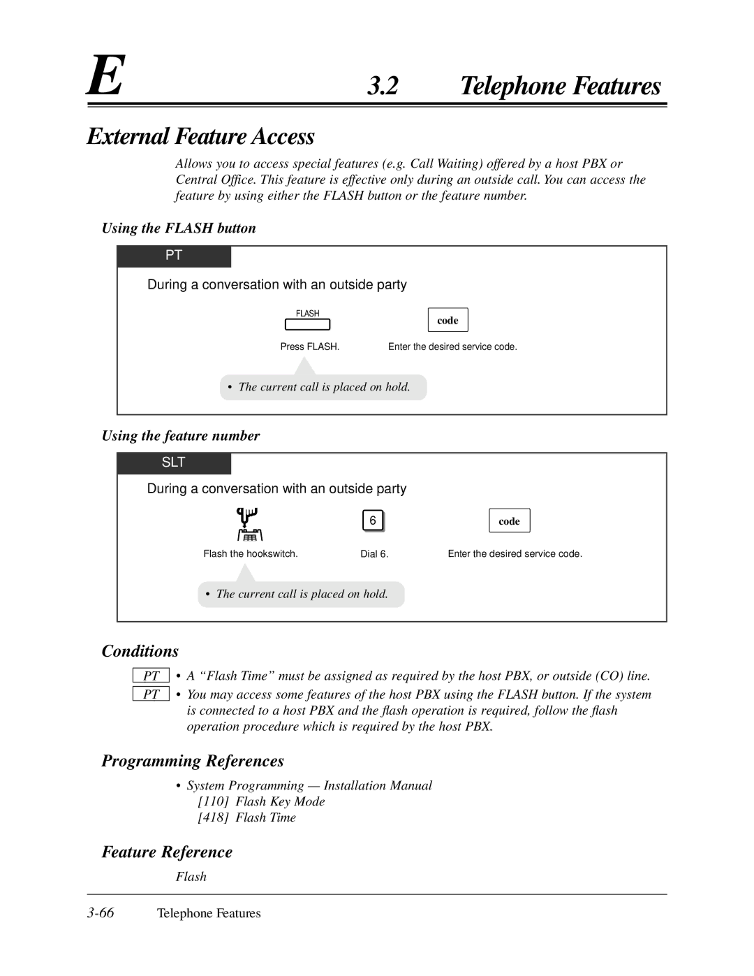 Panasonic KX-TA624 External Feature Access, Using the Flash button, Using the feature number, 66Telephone Features 