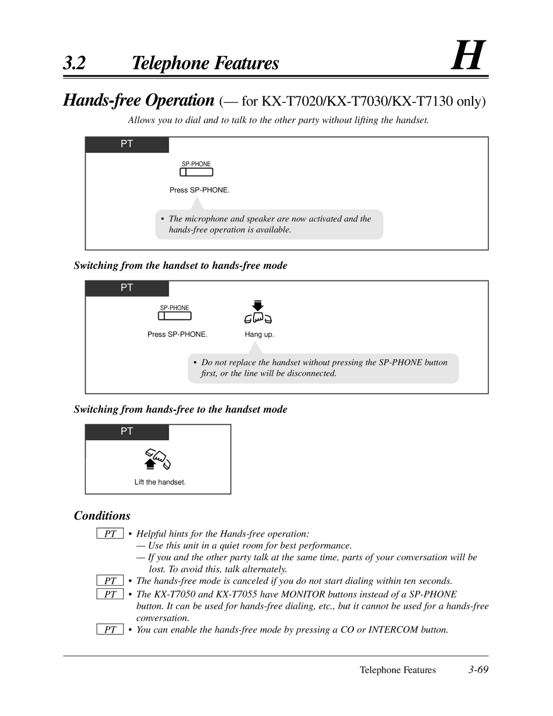 Panasonic KX-TA624 user manual Switching from the handset to hands-free mode, Switching from hands-free to the handset mode 