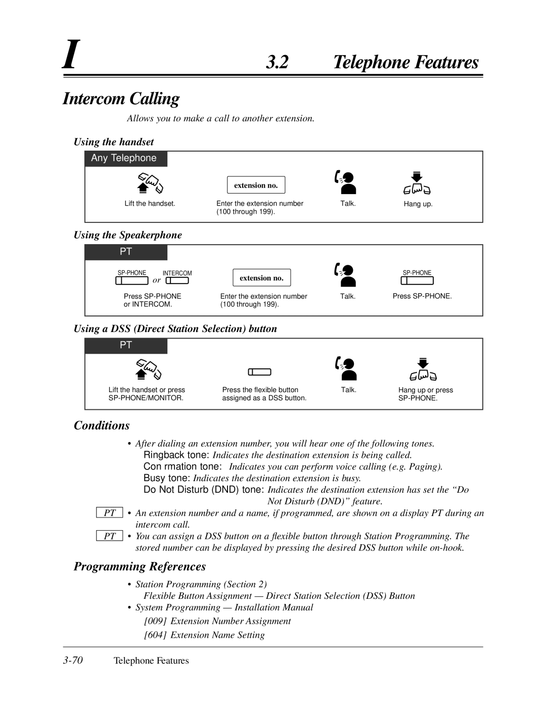 Panasonic KX-TA624 user manual Intercom Calling, Using the handset, Using the Speakerphone, 70Telephone Features 