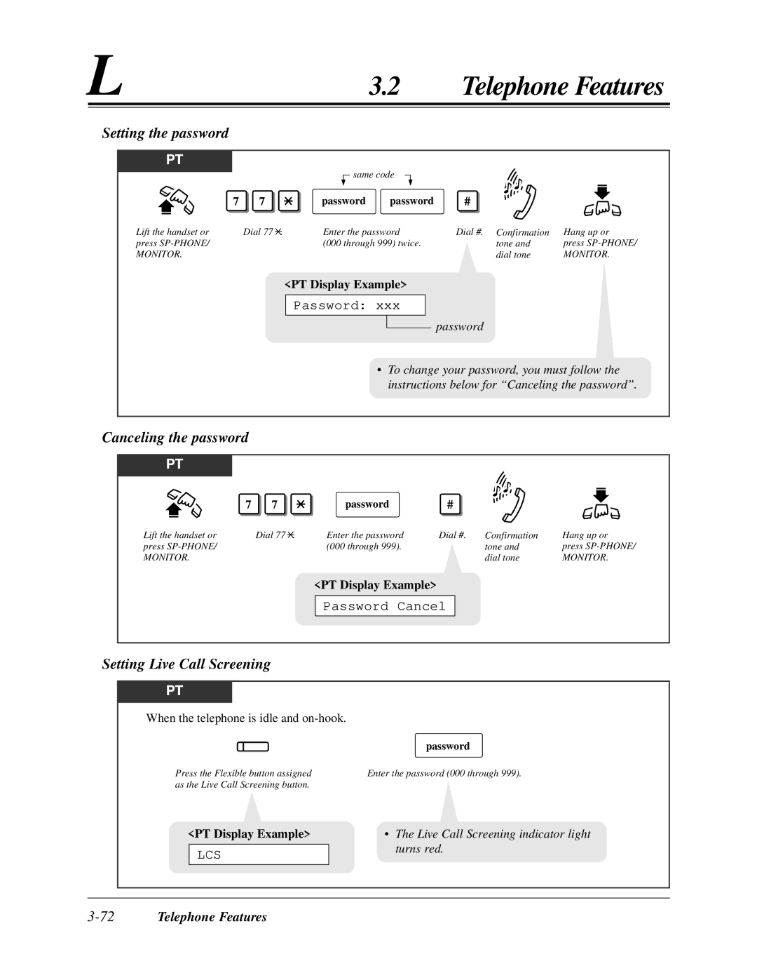 Panasonic KX-TA624 user manual Setting the password, Setting Live Call Screening, Password Cancel, 72Telephone Features 