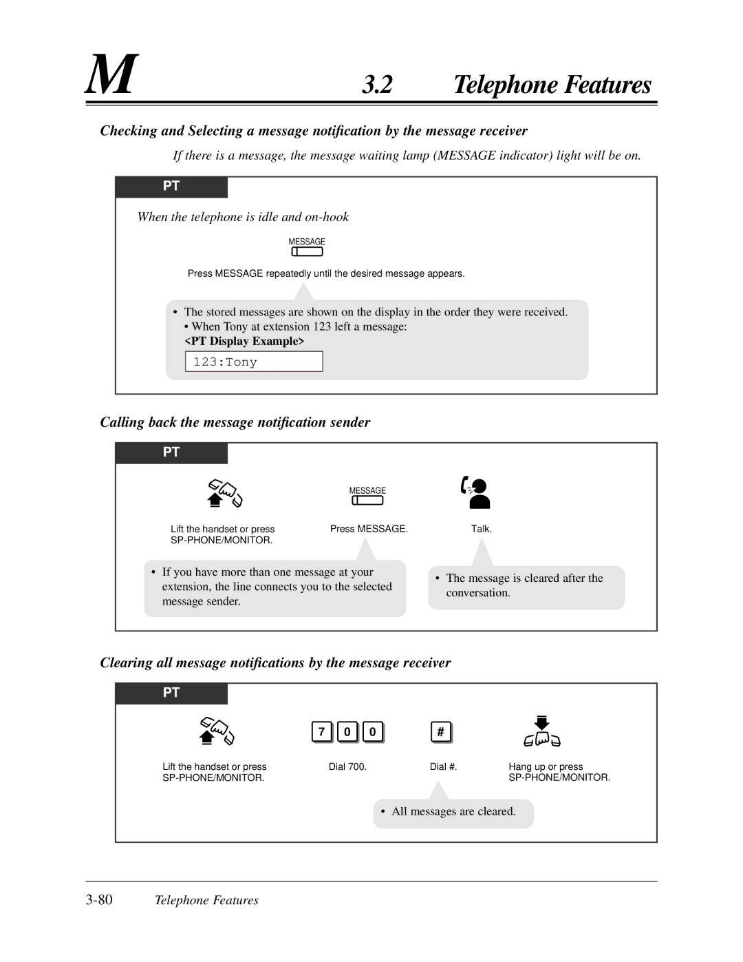 Panasonic KX-TA624 Calling back the message notiﬁcation sender, Clearing all message notiﬁcations by the message receiver 