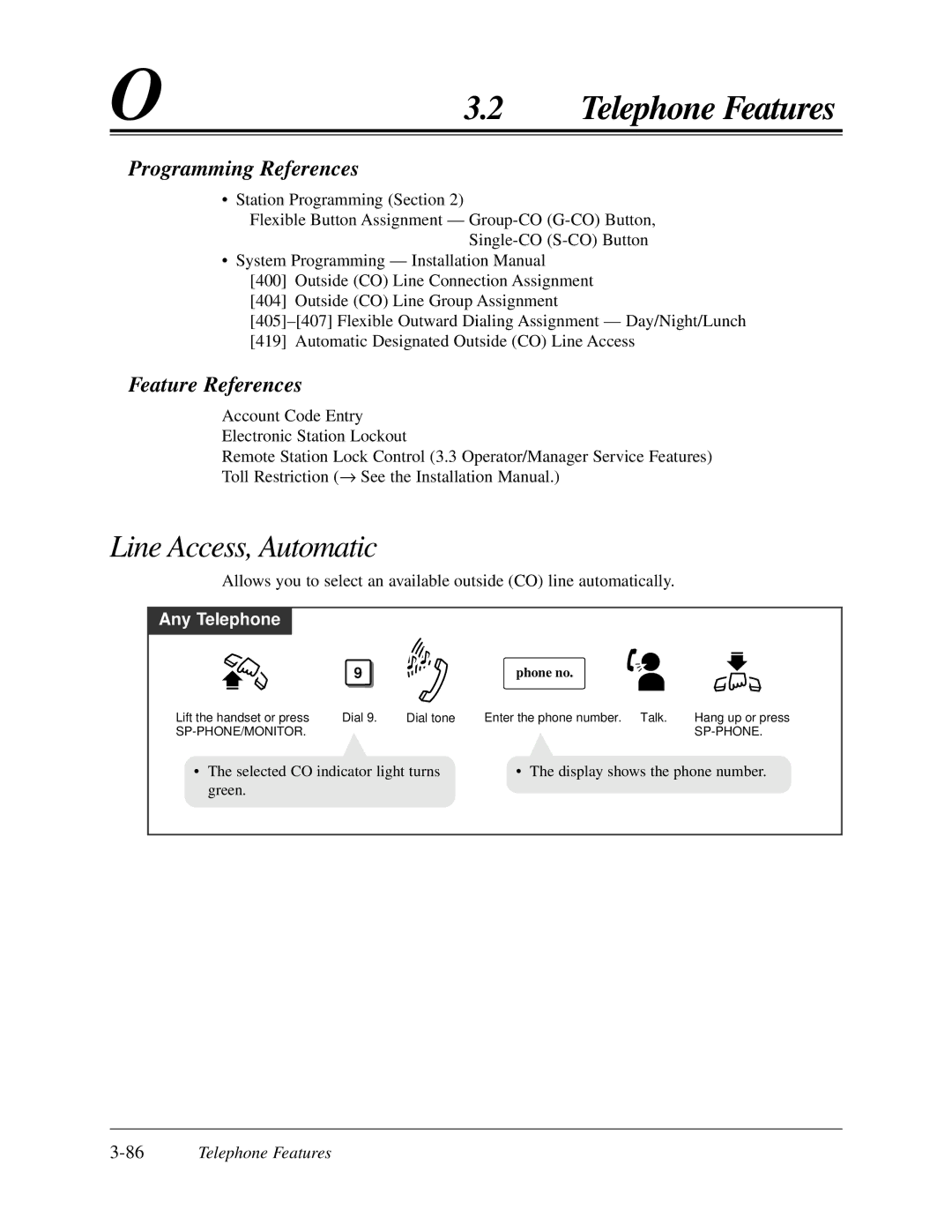 Panasonic KX-TA624 user manual Line Access, Automatic, 86Telephone Features 