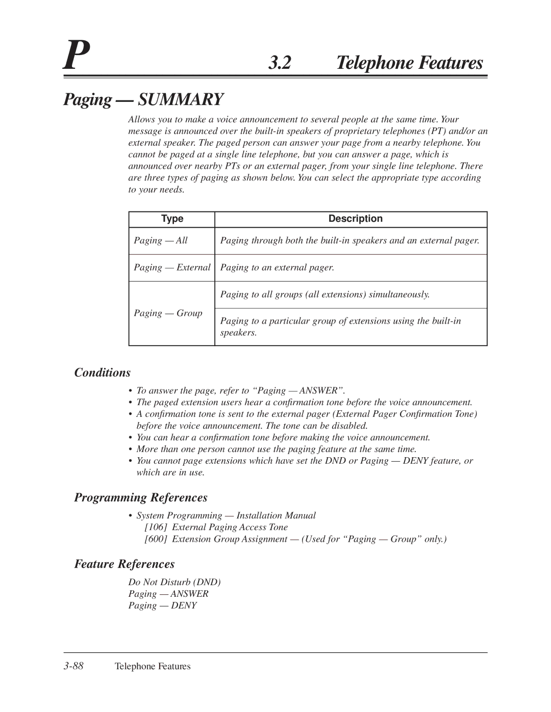 Panasonic KX-TA624 user manual Paging Summary, 88Telephone Features 