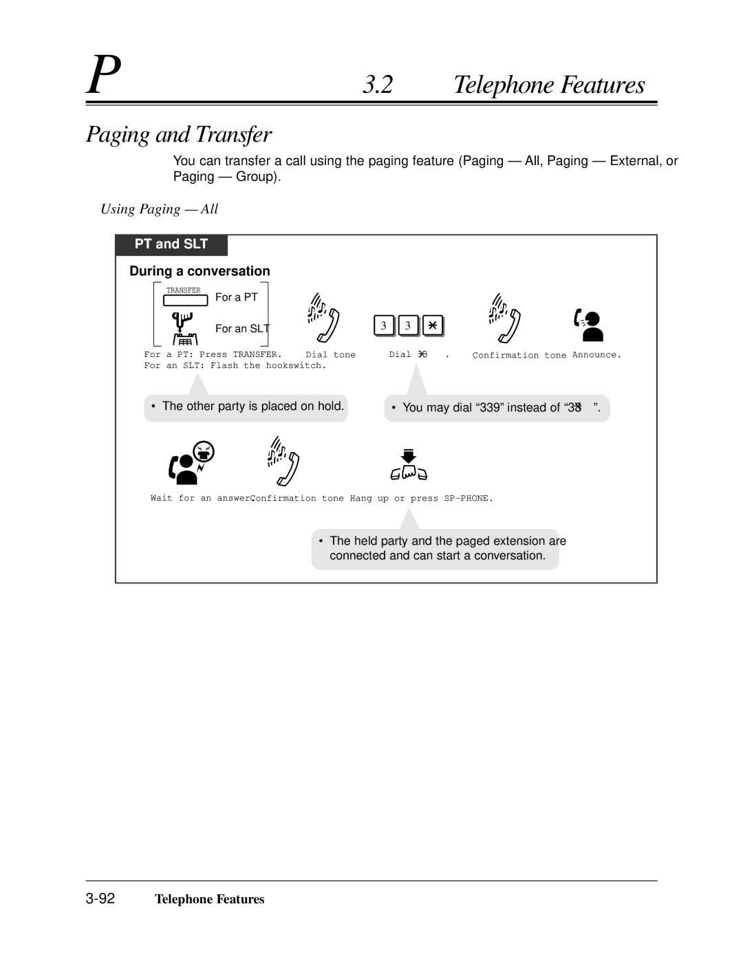 Panasonic KX-TA624 user manual Paging and Transfer, Using Paging All, 92Telephone Features 