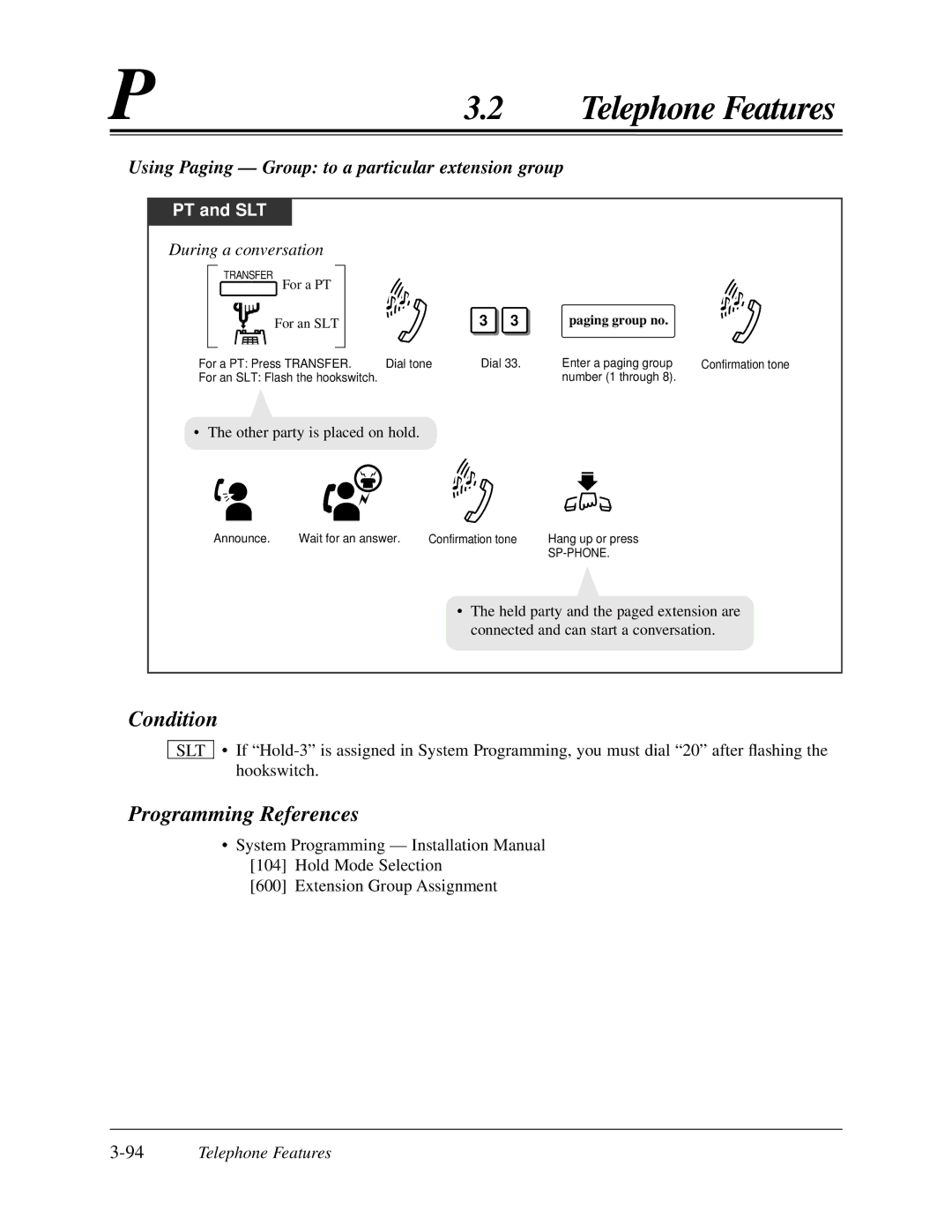 Panasonic KX-TA624 user manual Using Paging Group to a particular extension group, 94Telephone Features 