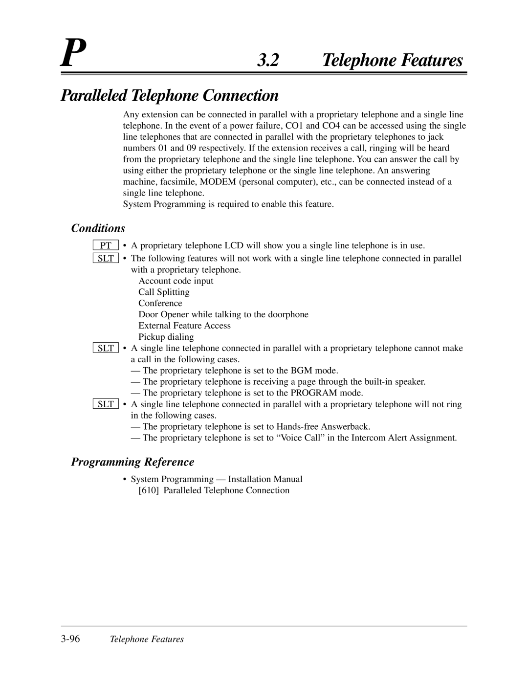 Panasonic KX-TA624 user manual Paralleled Telephone Connection, 96Telephone Features 