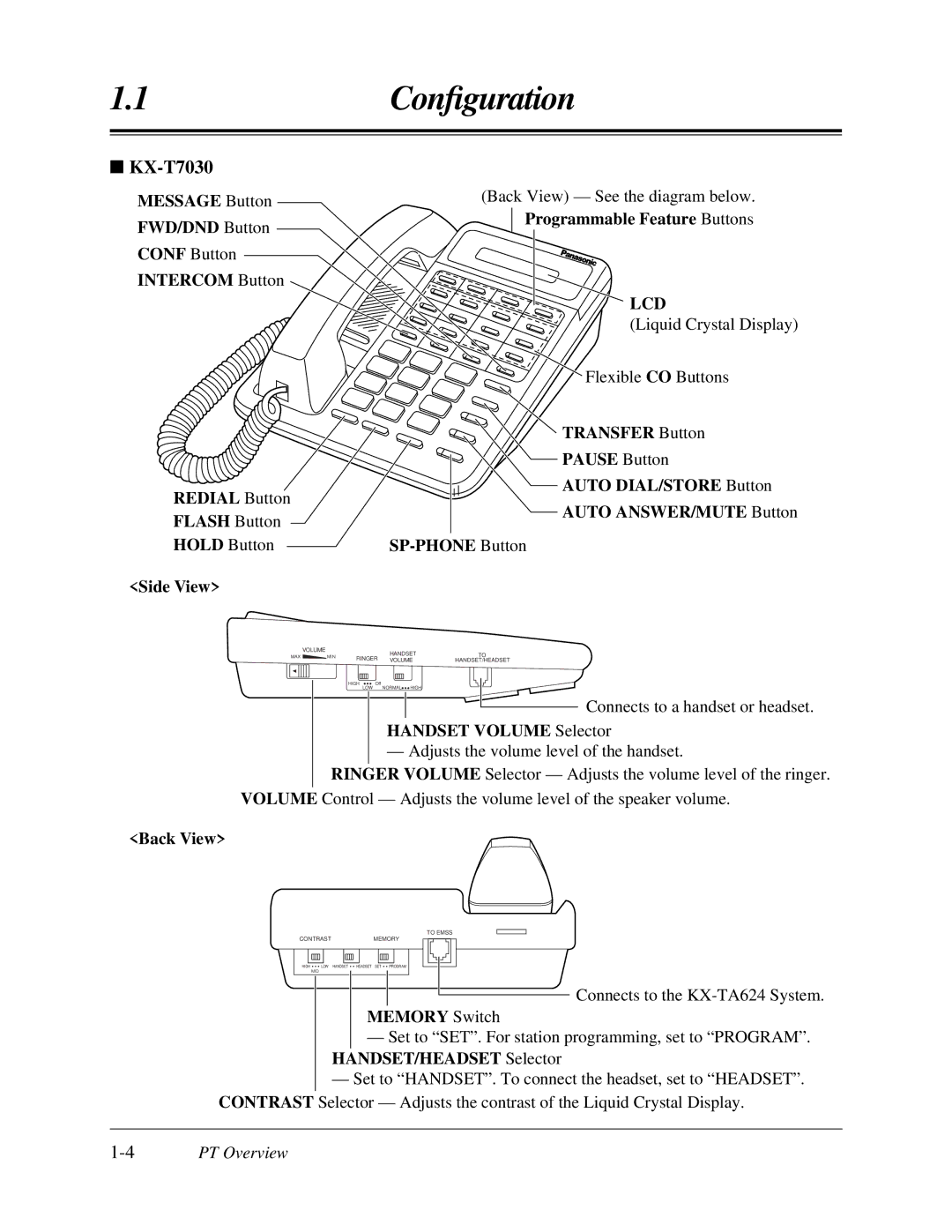 Panasonic KX-TA624 user manual KX-T7030, Memory Switch 