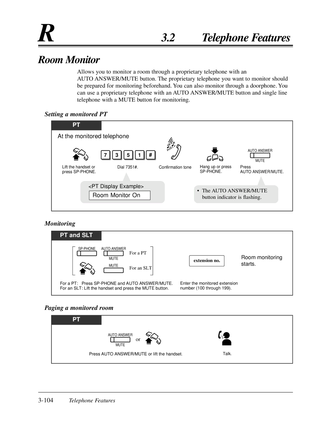 Panasonic KX-TA624 user manual Room Monitor, Setting a monitored PT, Monitoring, Paging a monitored room 