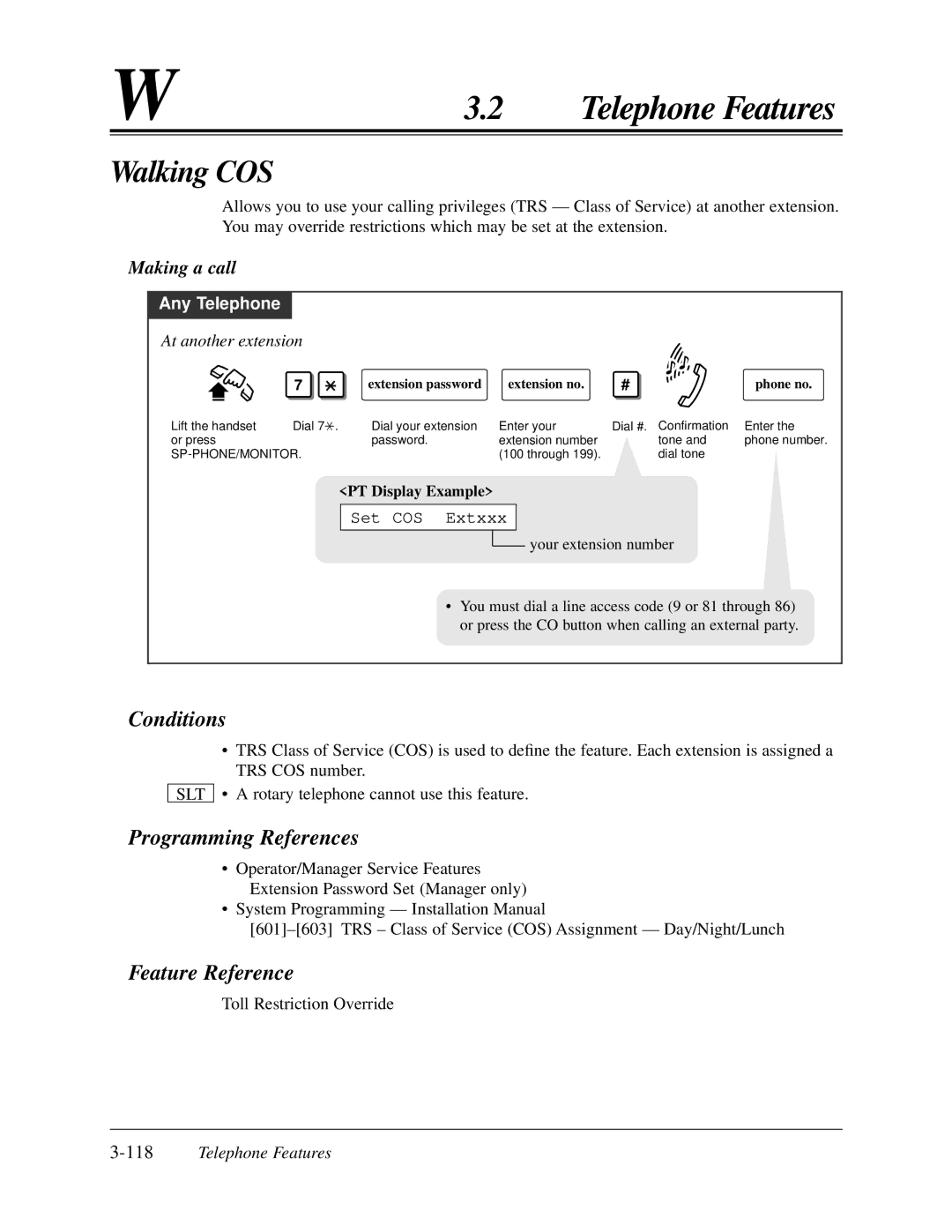 Panasonic KX-TA624 user manual Walking COS, Making a call, At another extension, Set COS Extxxx, 118Telephone Features 