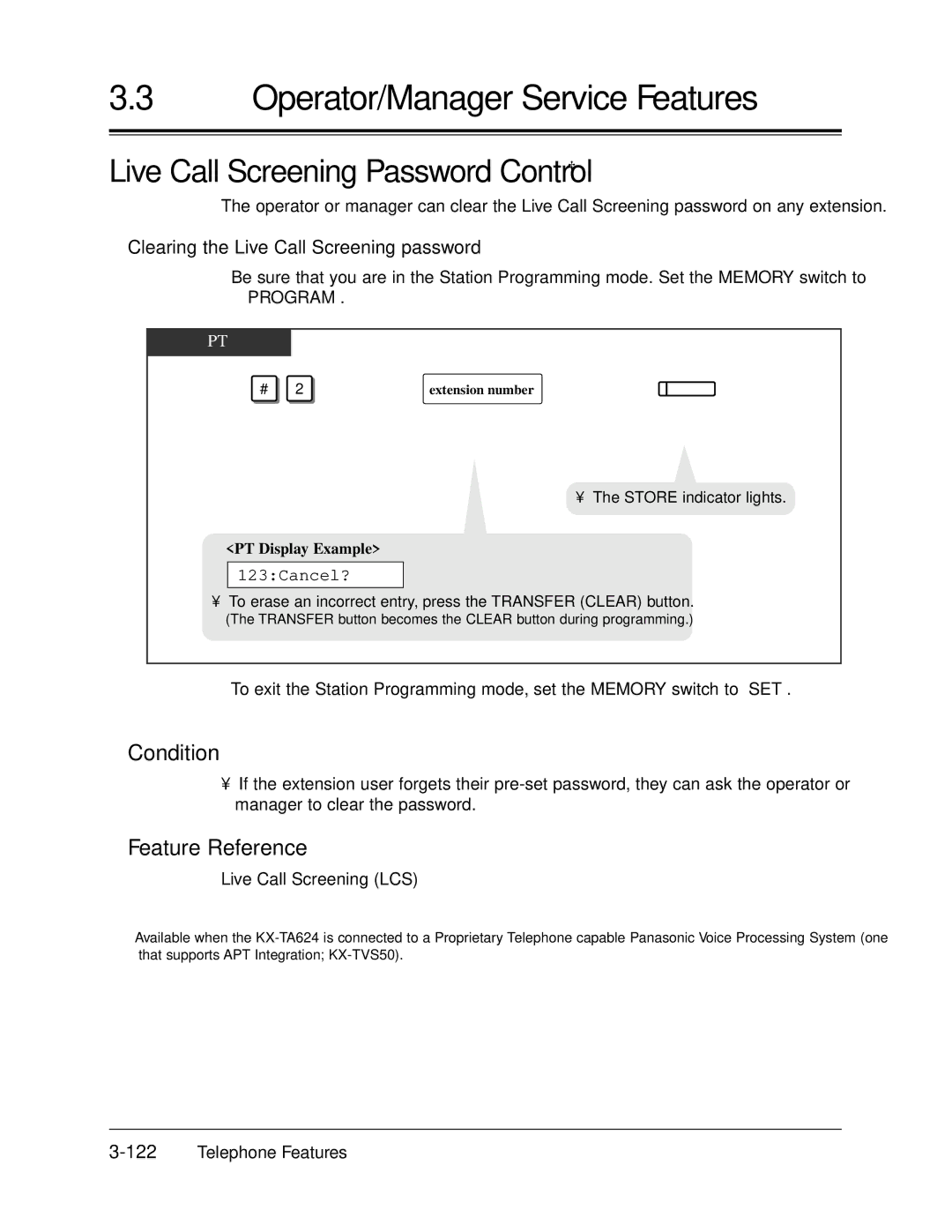 Panasonic KX-TA624 Live Call Screening Password Control †, Clearing the Live Call Screening password, 123Cancel? 