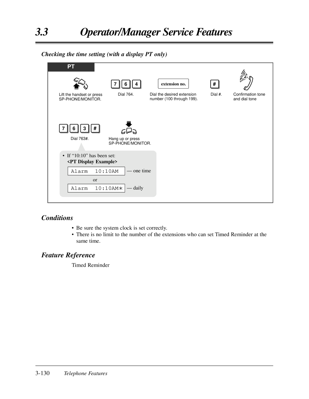 Panasonic KX-TA624 user manual Checking the time setting with a display PT only, 130Telephone Features 