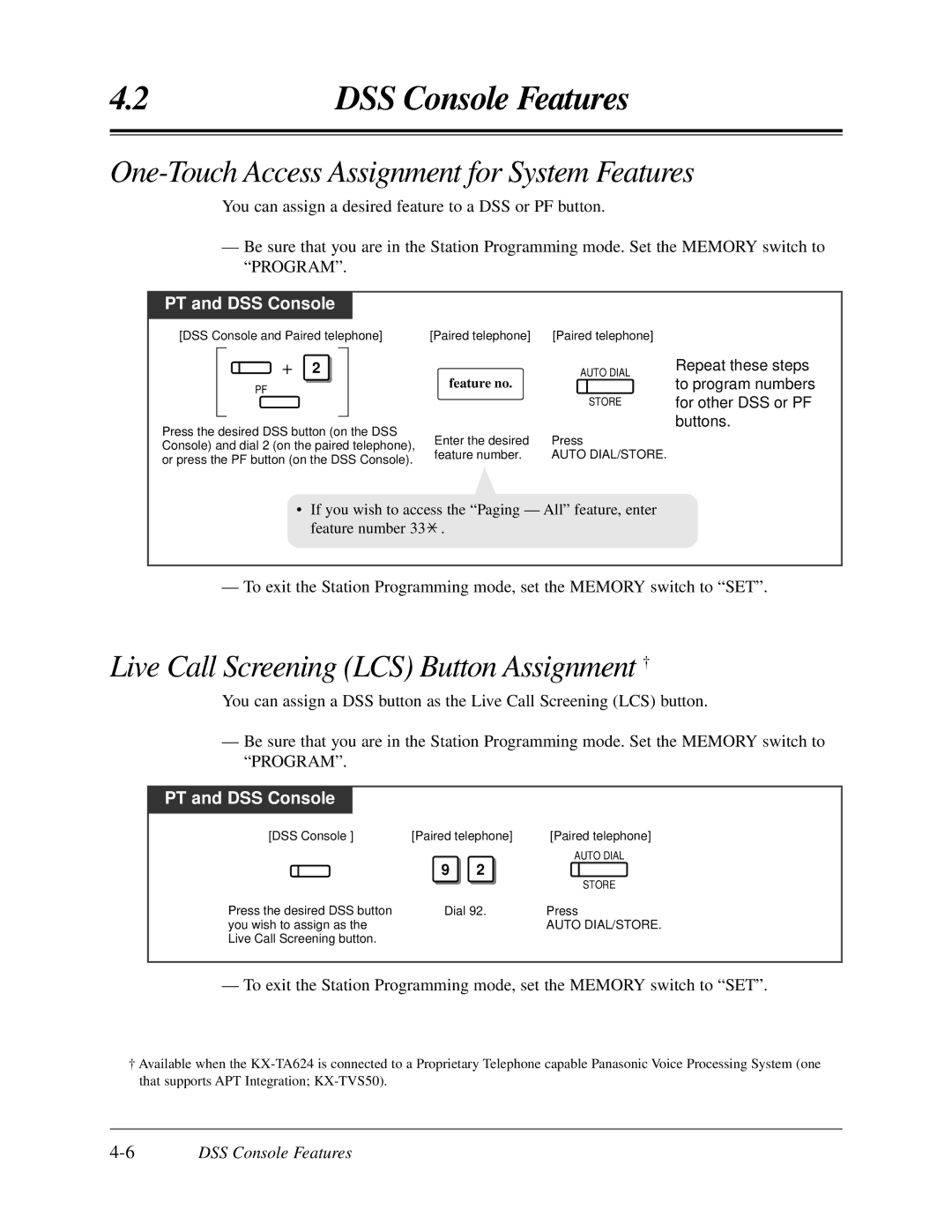 Panasonic KX-TA624 user manual One-Touch Access Assignment for System Features, Live Call Screening LCS Button Assignment † 