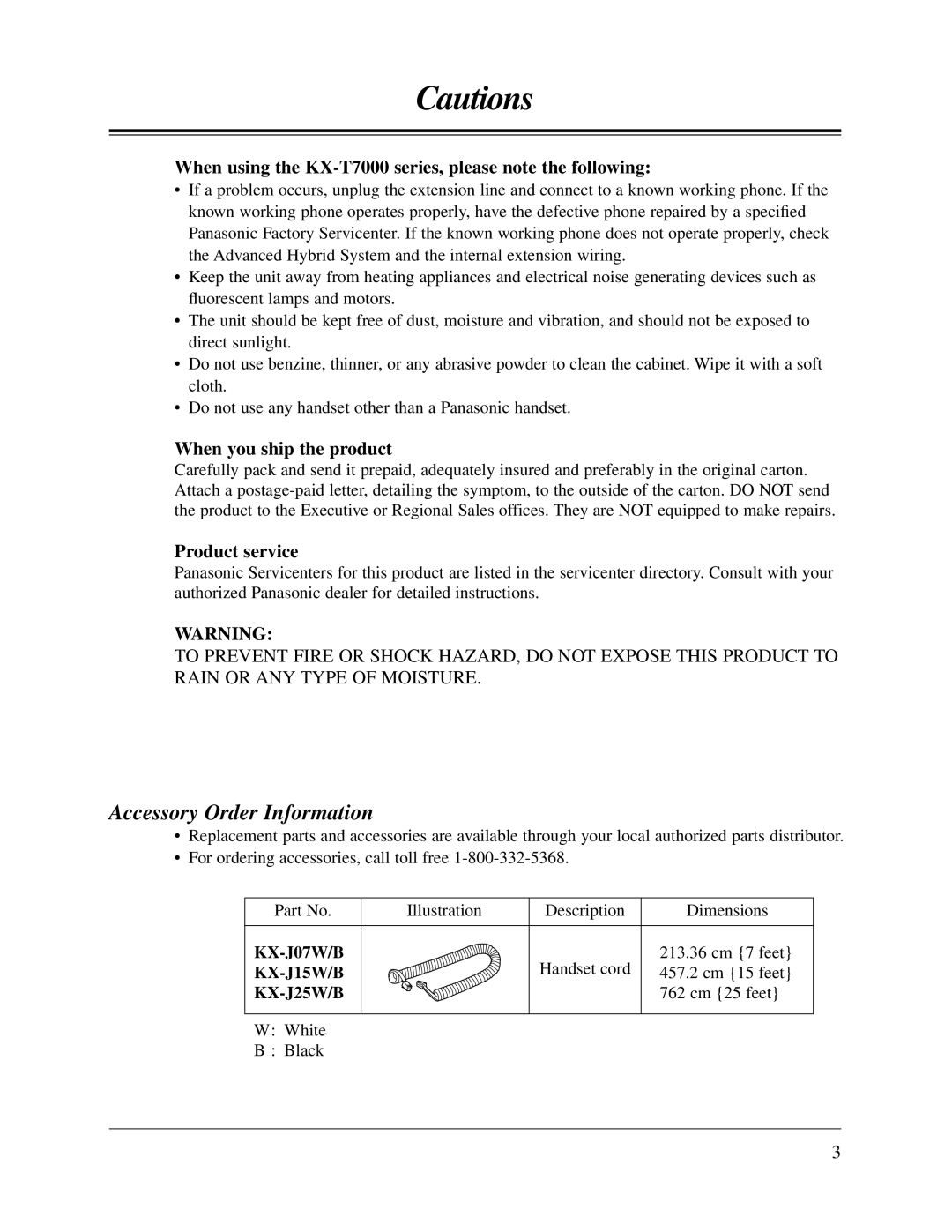 Panasonic KX-TA624 user manual Accessory Order Information, KX-J07W/B, KX-J15W/B, KX-J25W/B 