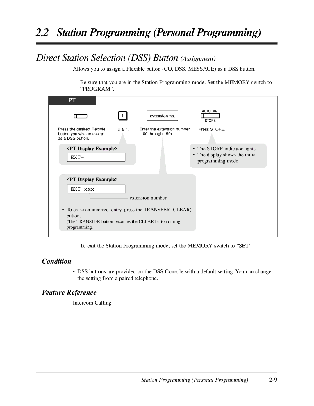 Panasonic KX-TA624 Direct Station Selection DSS Button Assignment, Condition, Feature Reference, EXT-xxx, Extension no 