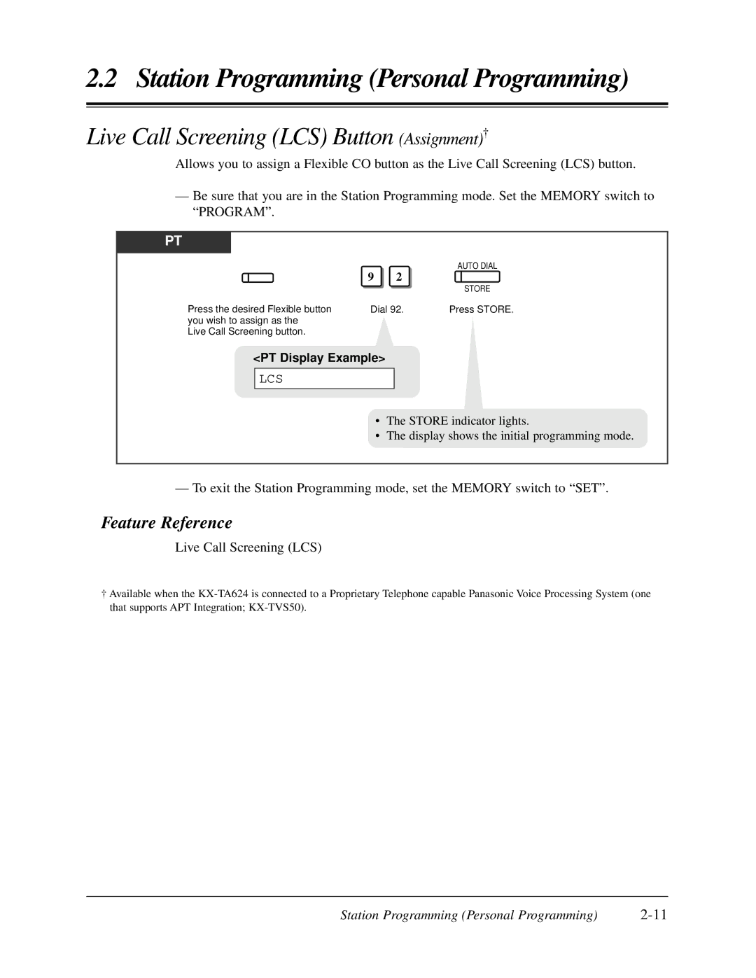 Panasonic KX-TA624 user manual Live Call Screening LCS Button Assignment† 