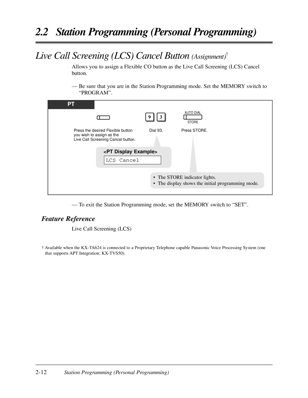 Panasonic KX-TA624 Live Call Screening LCS Cancel Button Assignment†, 12Station Programming Personal Programming 