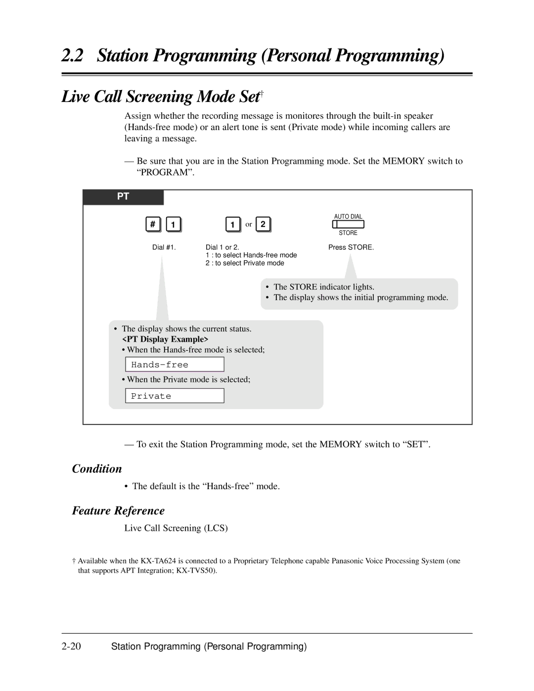 Panasonic KX-TA624 Live Call Screening Mode Set†, Hands-free, Private, 20Station Programming Personal Programming 