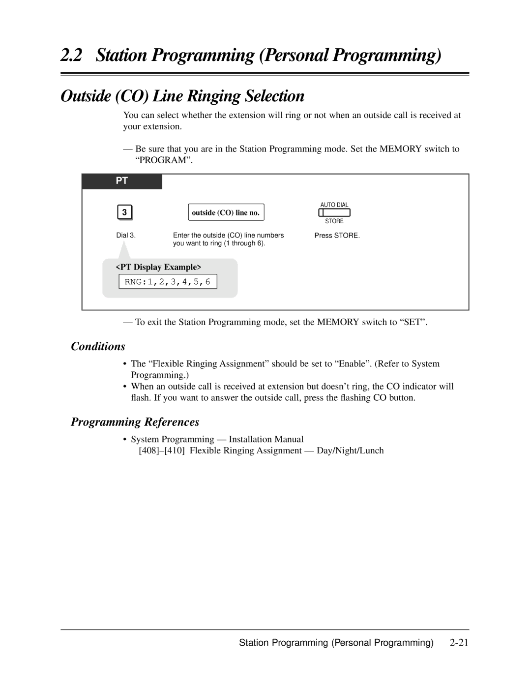 Panasonic KX-TA624 user manual Outside CO Line Ringing Selection, RNG1,2,3,4,5,6, Outside CO line no 