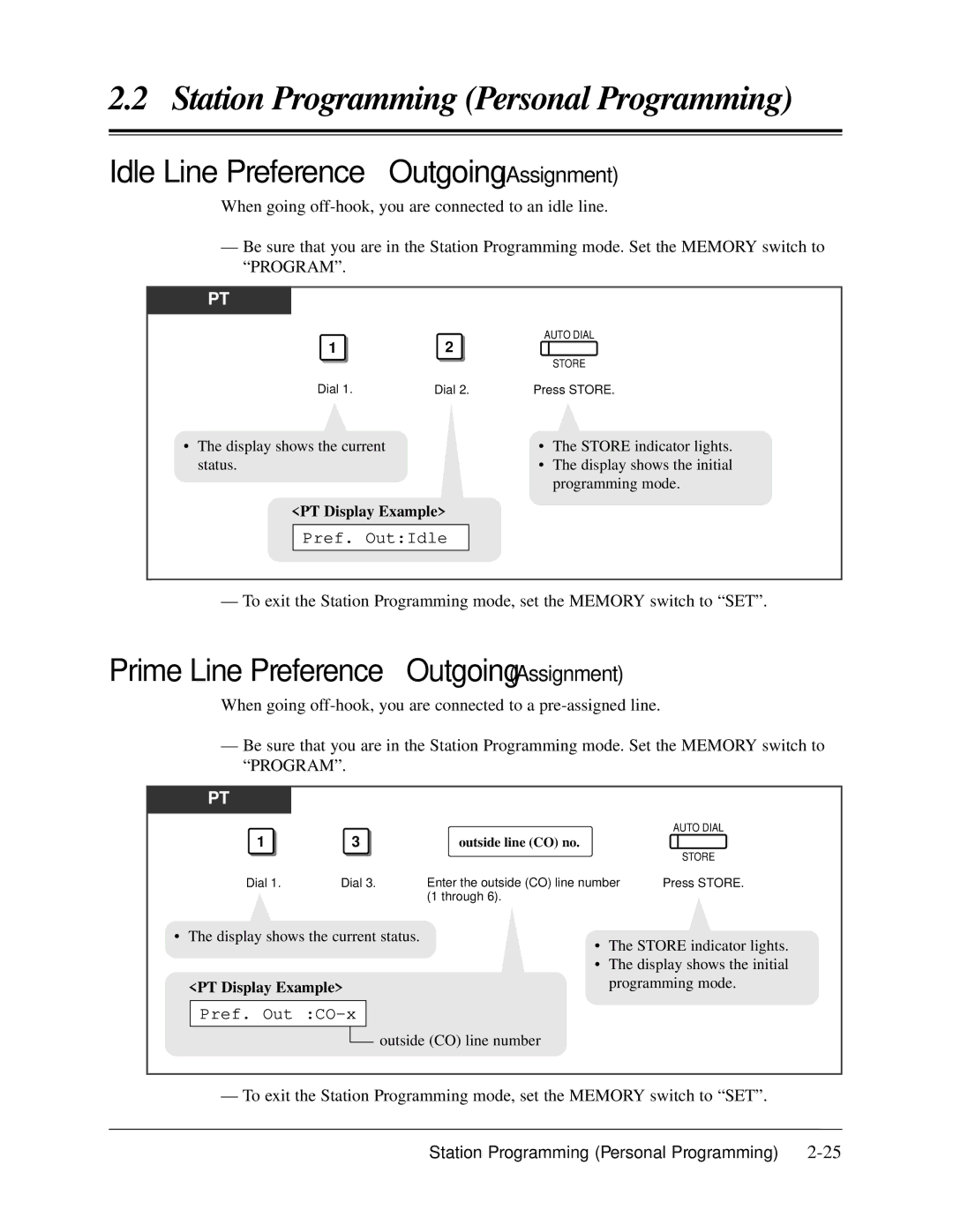 Panasonic KX-TA624 Idle Line Preference Outgoing Assignment, Prime Line Preference Outgoing Assignment, Pref. OutIdle 