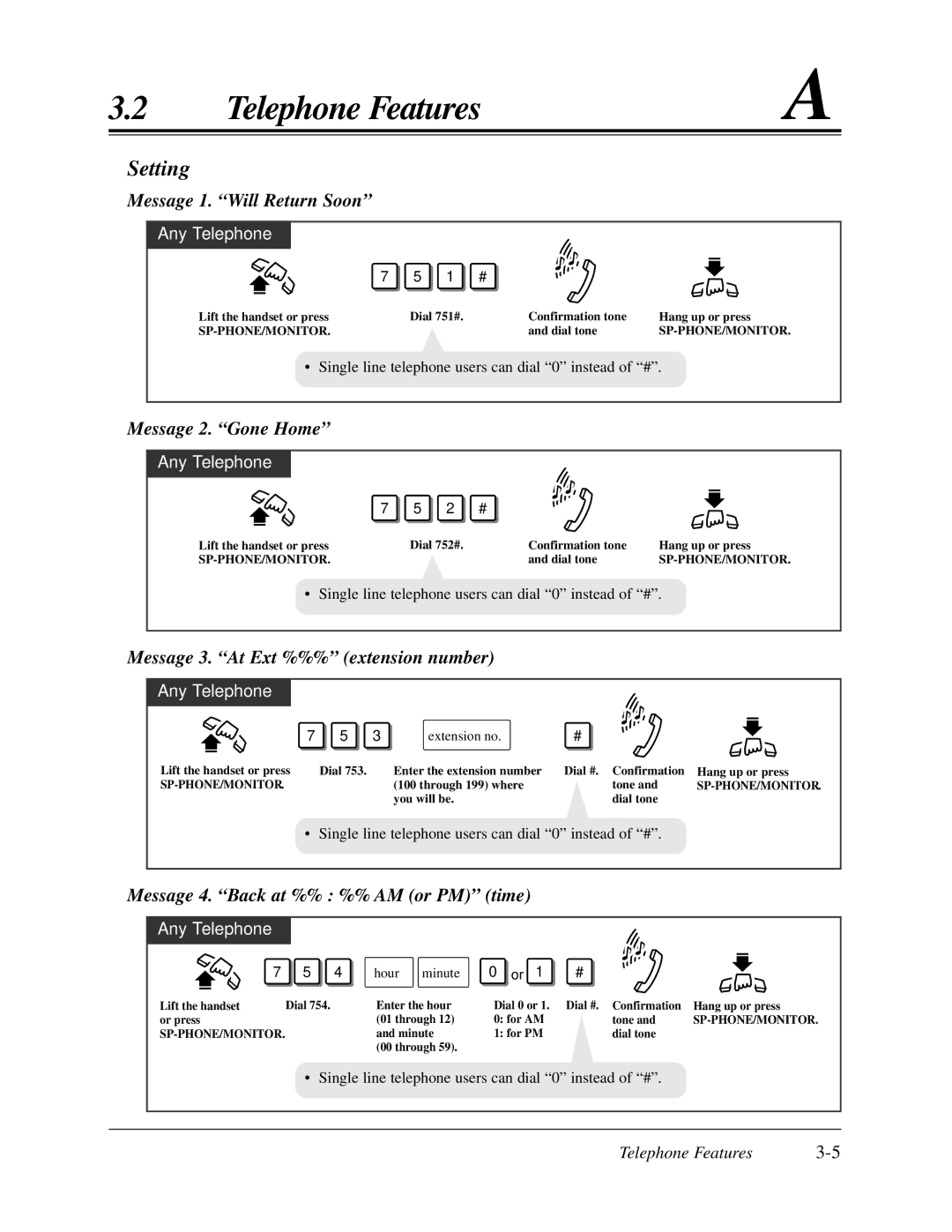 Panasonic KX-TA624 Setting, Message 1. Will Return Soon, Message 2. Gone Home, Message 3. At Ext %%% extension number 