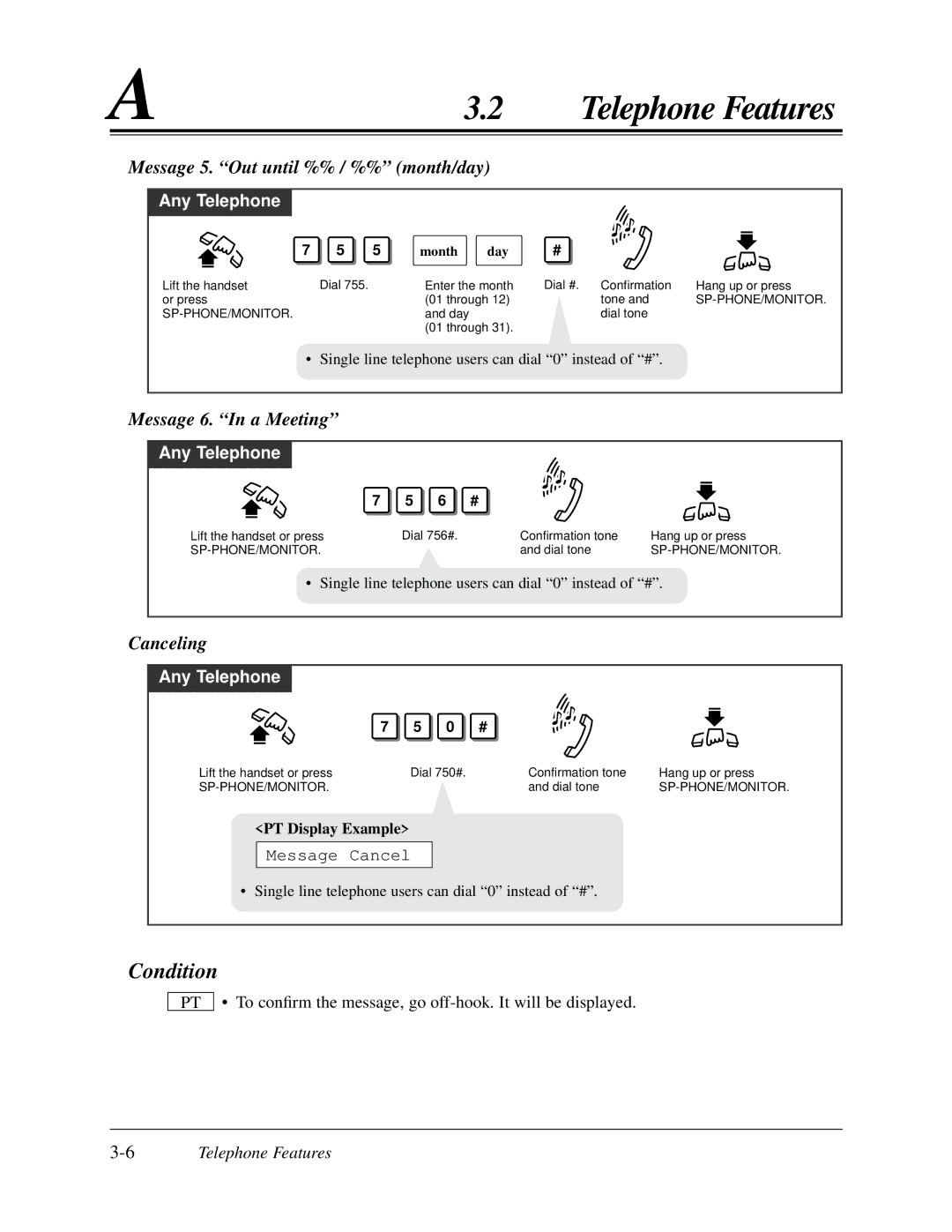 Panasonic KX-TA624 Message 5. Out until %% / %% month/day, Message 6. In a Meeting, Canceling, Message Cancel, Month Day 