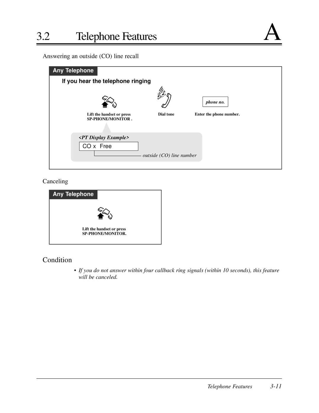 Panasonic KX-TA624 user manual Answering an outside CO line recall, CO x Free 