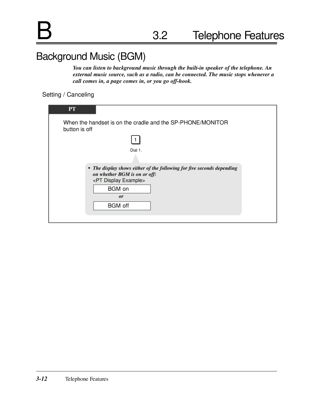 Panasonic KX-TA624 user manual Background Music BGM, Setting / Canceling, BGM on BGM off, 12Telephone Features 