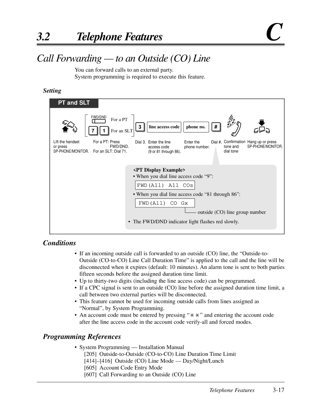 Panasonic KX-TA624 Call Forwarding to an Outside CO Line, FWDAll All COs, FWDAll CO Gx, Line access code phone no 