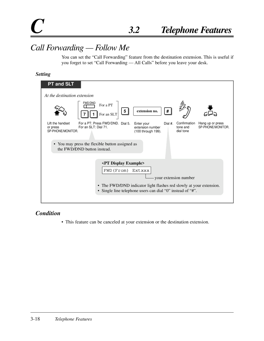 Panasonic KX-TA624 Call Forwarding Follow Me, At the destination extension, FWDFrom Extxxx, 18Telephone Features 