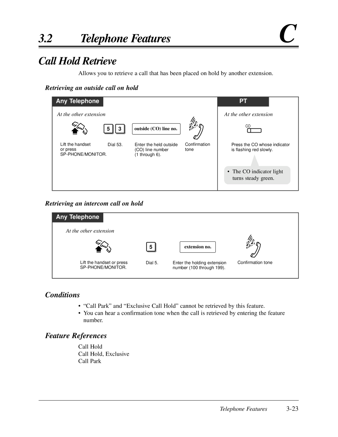 Panasonic KX-TA624 user manual Call Hold Retrieve, Retrieving an outside call on hold, Retrieving an intercom call on hold 