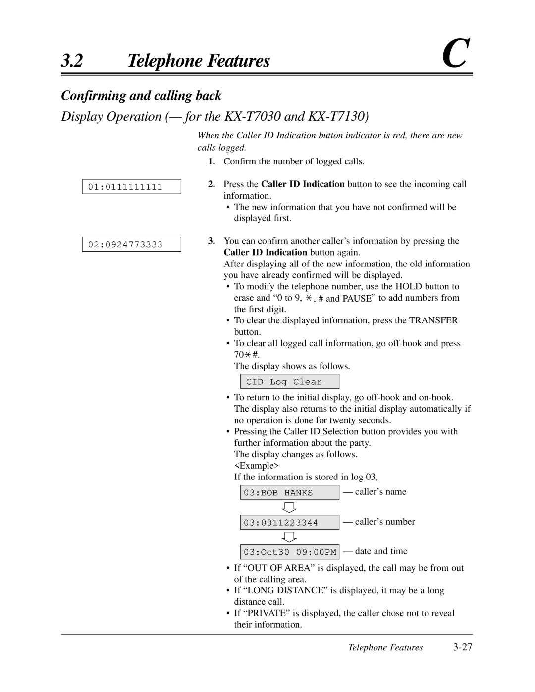 Panasonic KX-TA624 user manual 010111111111, Caller ID Indication button again, CID Log Clear, 030011223344, 03Oct30 0900PM 