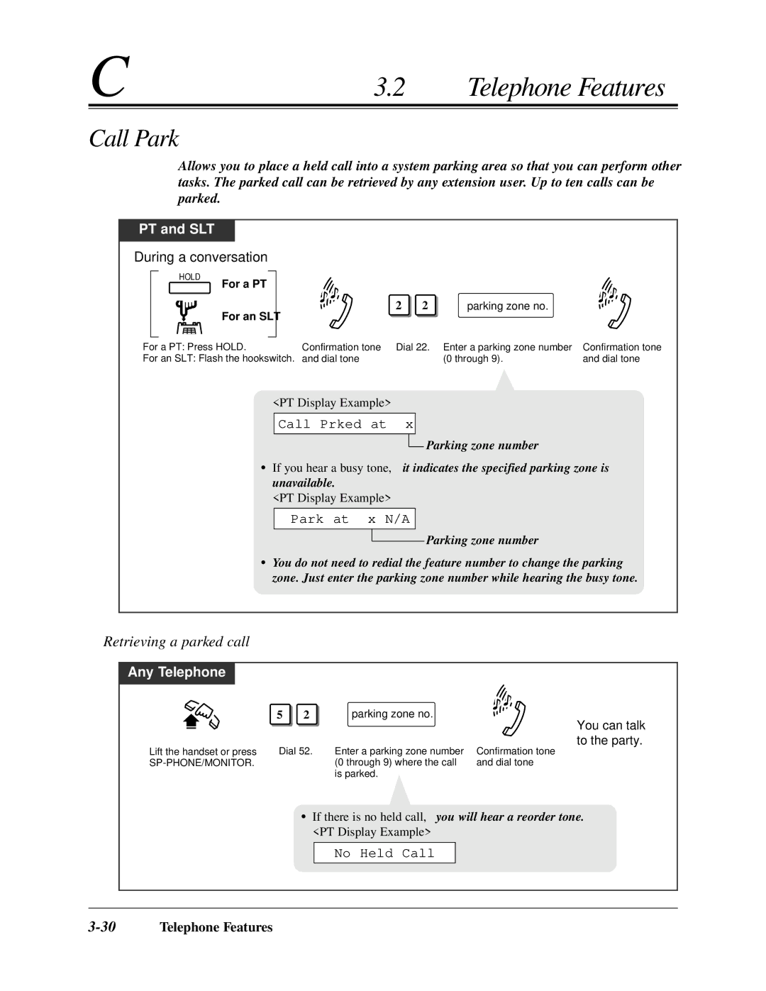 Panasonic KX-TA624 user manual Call Park, Retrieving a parked call, 30Telephone Features 