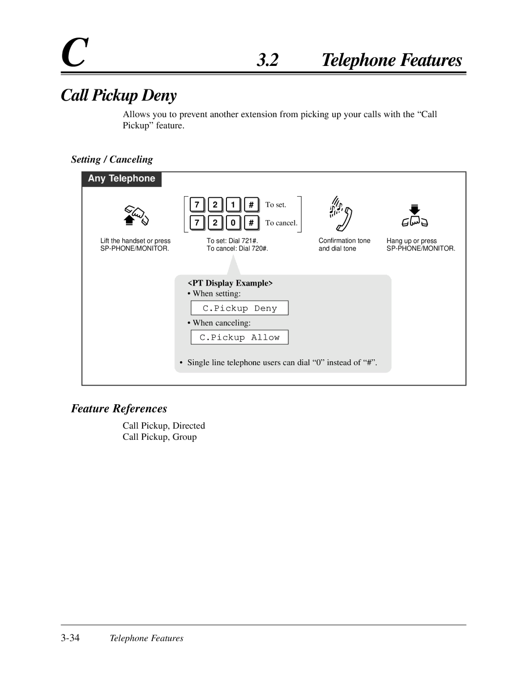 Panasonic KX-TA624 user manual Call Pickup Deny, Pickup Allow, 34Telephone Features, To set To cancel 