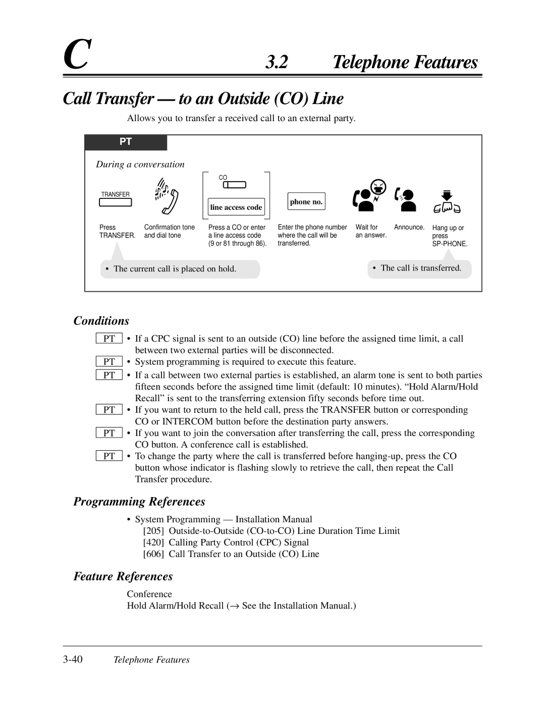 Panasonic KX-TA624 user manual Call Transfer to an Outside CO Line, 40Telephone Features, Phone no Line access code 