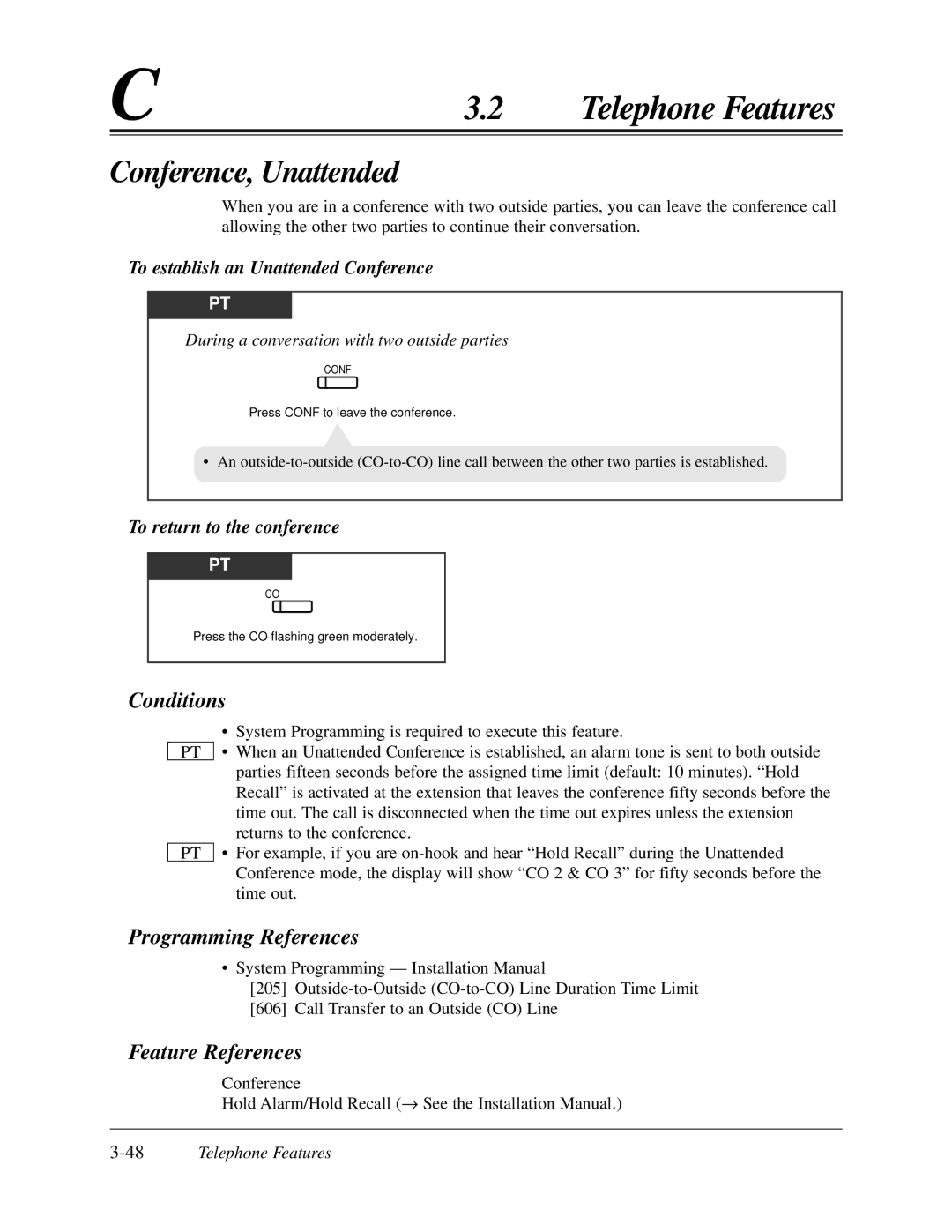 Panasonic KX-TA624 user manual Conference, Unattended, To establish an Unattended Conference, To return to the conference 