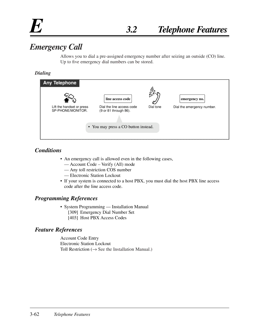 Panasonic KX-TA624 user manual Emergency Call, Dialing, 62Telephone Features, Line access code Emergency no 