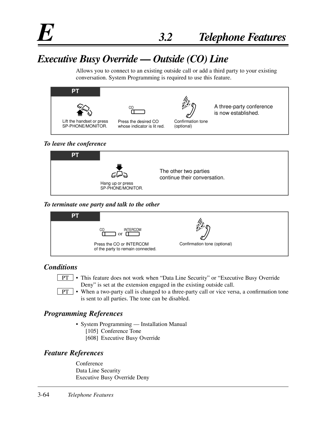 Panasonic KX-TA624 user manual Executive Busy Override Outside CO Line, 64Telephone Features 