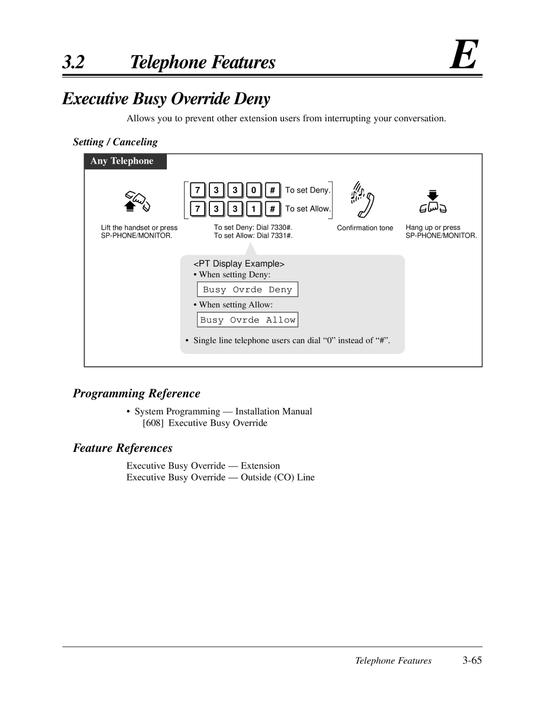 Panasonic KX-TA624 user manual Executive Busy Override Deny, Busy Ovrde Deny, Busy Ovrde Allow, To set Deny To set Allow 