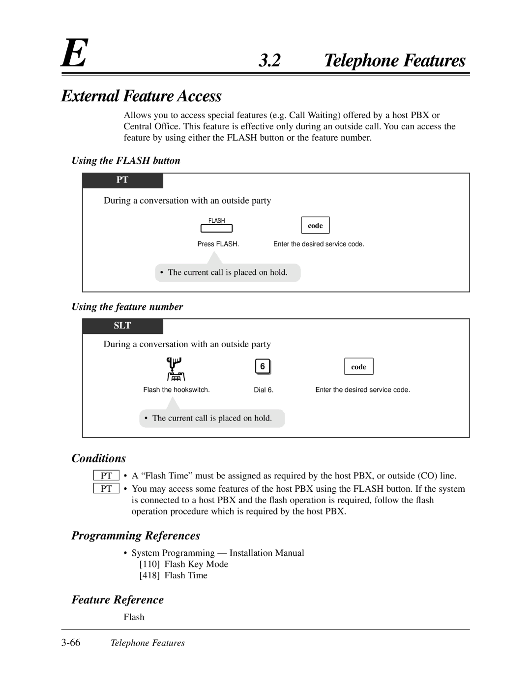 Panasonic KX-TA624 External Feature Access, Using the Flash button, Using the feature number, 66Telephone Features 